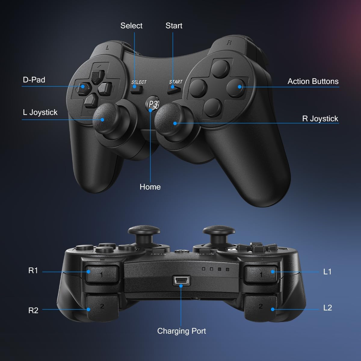 Yinjie 2 Pack Wireless Controller for PS3, Compatible with Playstation 3, with 2 Charging Cables (black)
