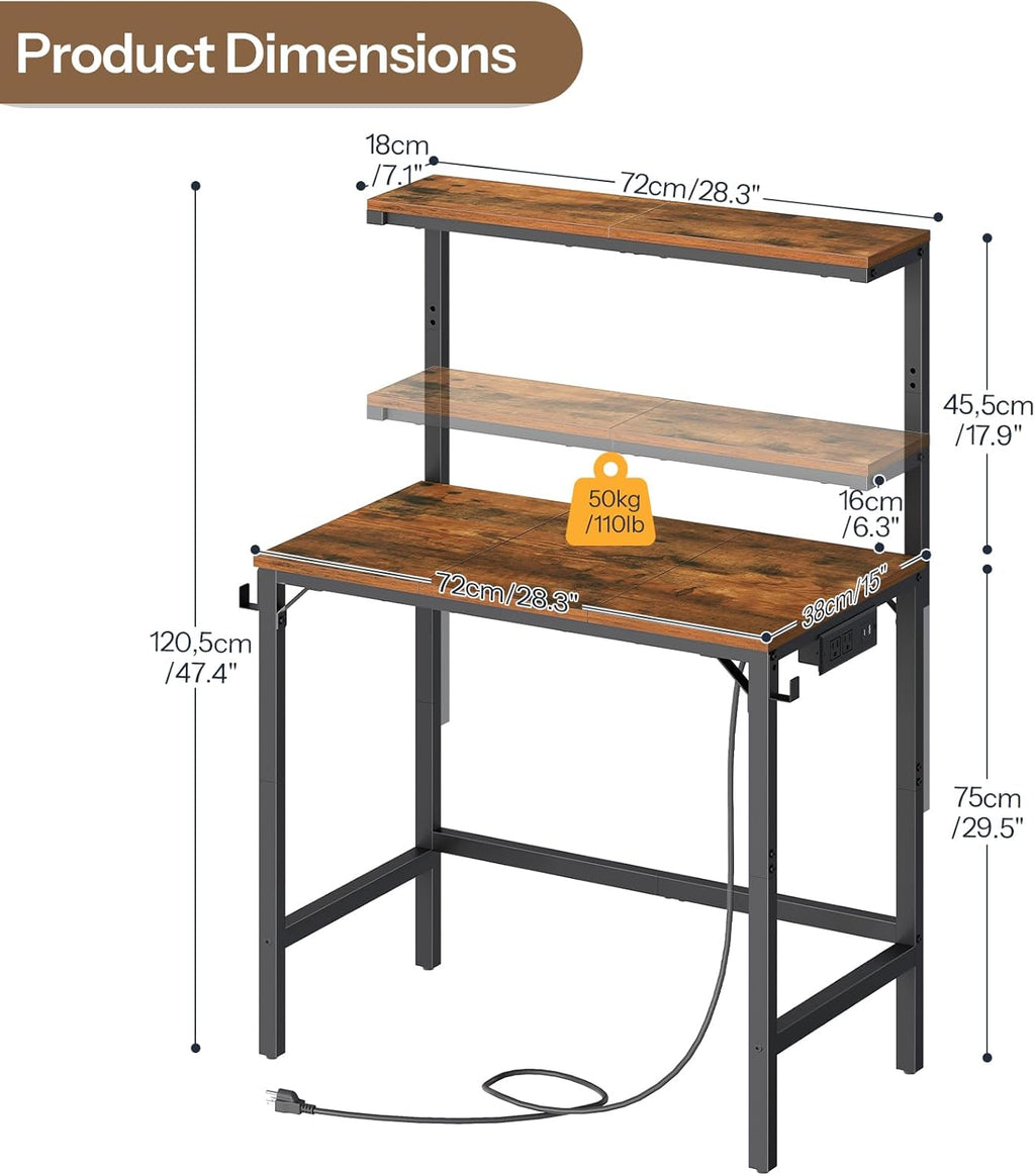 HOOBRO Small Computer Desk, 28.3" Desk for Small Spaces, Office Desk with Power Outlet & Adjustable Monitor Stand, Compact Desk with Storage, Writing Table for Bedroom, Office, Rustic Brown BF38UDN01