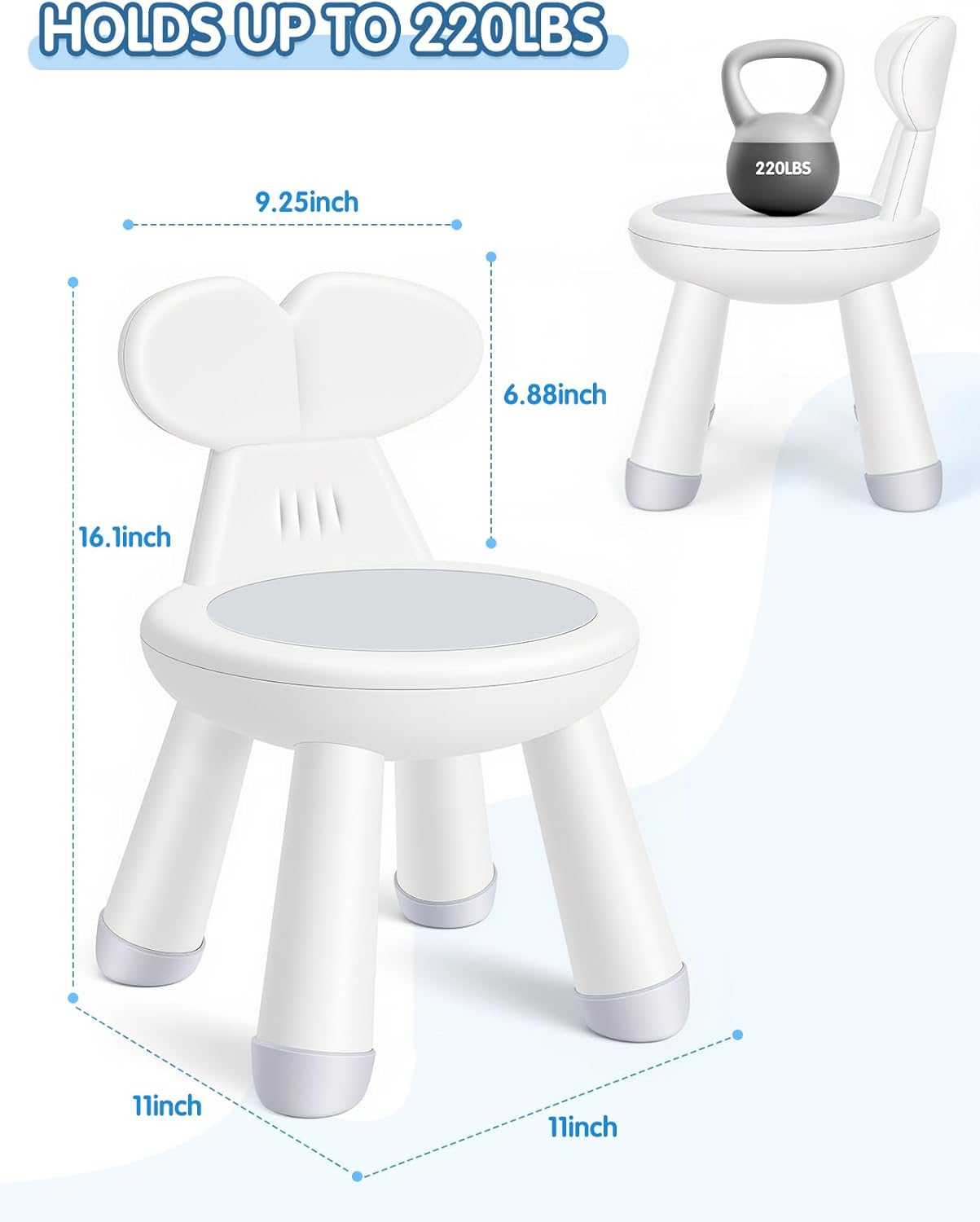 Toddler Chair for Table, Plastic Kids Chairs for Table with Ergonomic Backrest, Anti-Slip Toddler Indoor Outdoor Chair & Step Stool for Bathroom Kitchen, Easy Clean PP，White