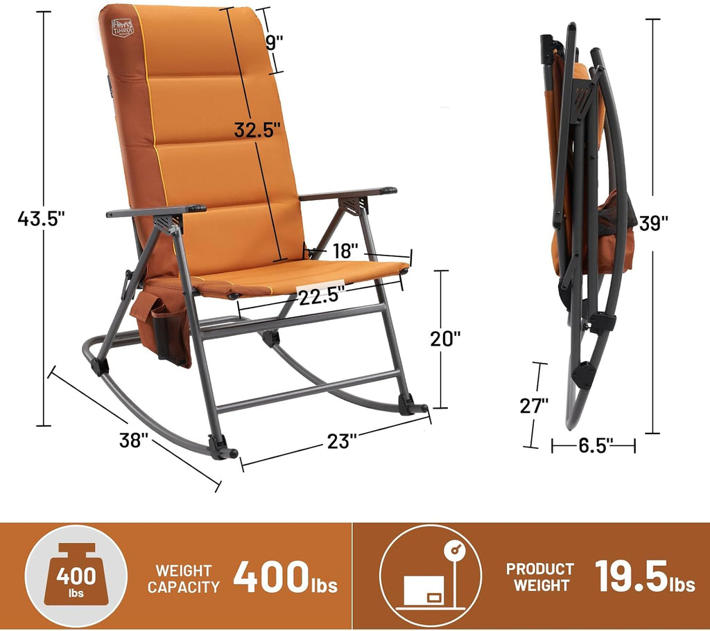 Timber Ridge Oversized Folding Rocking Camping Chair, Padded Outdoor Rocker with High Back, Portable Outdoor Chair for Patio, Garden, Lawn, Supports up to 400 lbs, Orange(2 Pack)