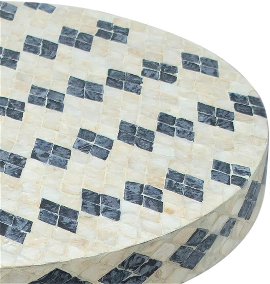 MAKLAINE Transitional Shell Side Table, Cream and Blue Checkered Design, Hand-Inlaid Natural Seashells, MDF Construction, Fully Assembled Accent Table for Living Room or Bedroom Decor