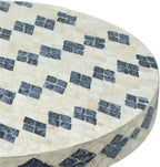MAKLAINE Transitional Shell Side Table, Cream and Blue Checkered Design, Hand-Inlaid Natural Seashells, MDF Construction, Fully Assembled Accent Table for Living Room or Bedroom Decor