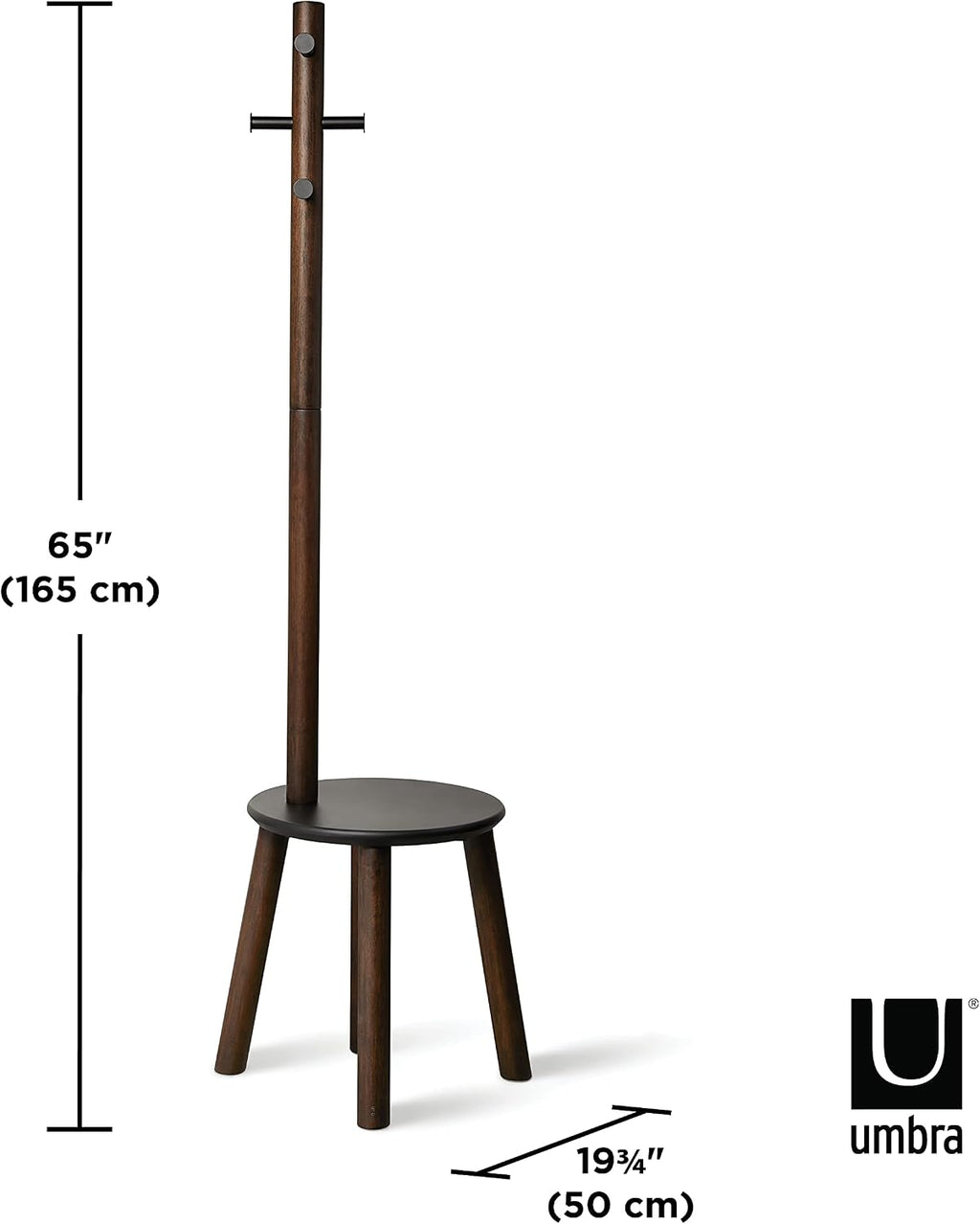 Umbra Pillar Coat Rack with Stool, Freestanding 6 Hooks, Black/Walnut | Rubberwood and metal construction, space-saving vertical design, no tools assembly, holds bags or plants