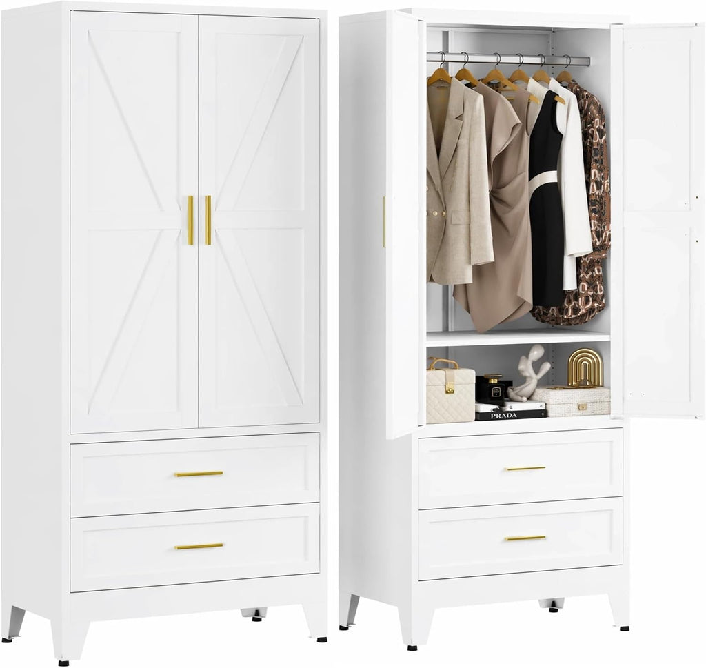 71 "H Armoire Wardrobe Closet with 2 Drawers and Adjustable Shelves | Metal Wardrobe Closet with Doors, Wardrobe Cabinet with Hanging Rod, Closets for Bedroom, Laundry Room, White