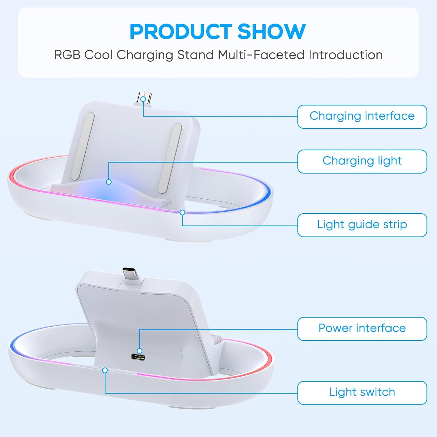 FASTSNAIL Charging Stand for PS Portal Remote Player, Portable Charge Dock Station with 14 RGB Light Modes and Type-C Cable, Charge Base Holder Accessories for PlayStation 5 Portal Console