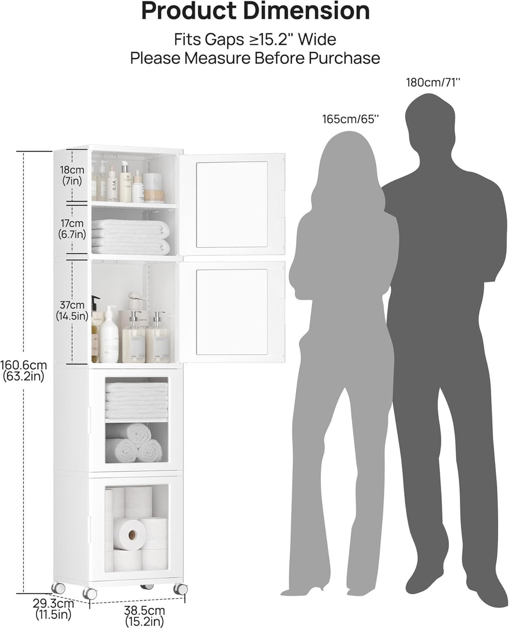 Vtopmart 63.2" Tall Slim Bathroom Storage Cabinet with 4 Adjustable Shelves and 4 Doors, Freestanding Narrow Cabinets Organizer with Wheels and Anti-tip for Laundry, Kitchen, Pantry, White