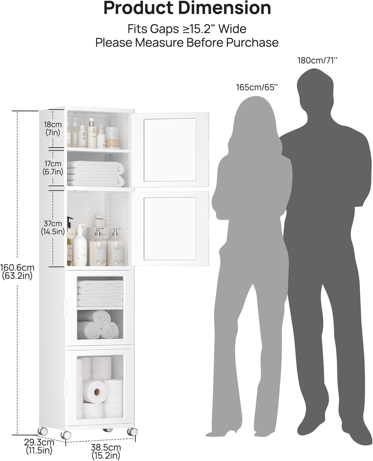 Vtopmart 63.2" Tall Slim Bathroom Storage Cabinet with 4 Adjustable Shelves and 4 Doors, Freestanding Narrow Cabinets Organizer with Wheels and Anti-tip for Laundry, Kitchen, Pantry, White