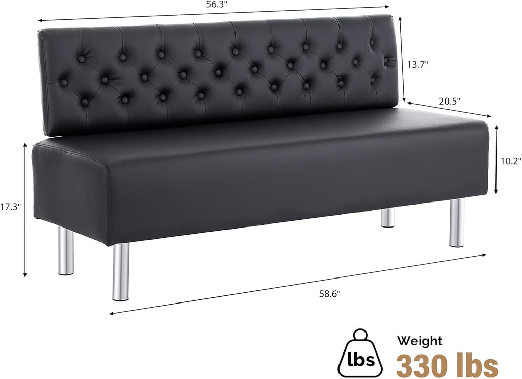OmySalon Waiting Room Bench with Back, 58.6’’ Office Guest Chair Upholstered Reception Seating, Lobby Furniture for Beauty Salon Barbershop Airport Bank Hall Room Conference, Button Tufted, Black