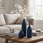 Blue Vase Set of 3, Navy Blue vase Trio Ceramic Bud Vases, Watertight Blue Ceramic vase Set with Non Slip Pads, Small Medium Tall Vases for Shelf Decor, Centerpieces