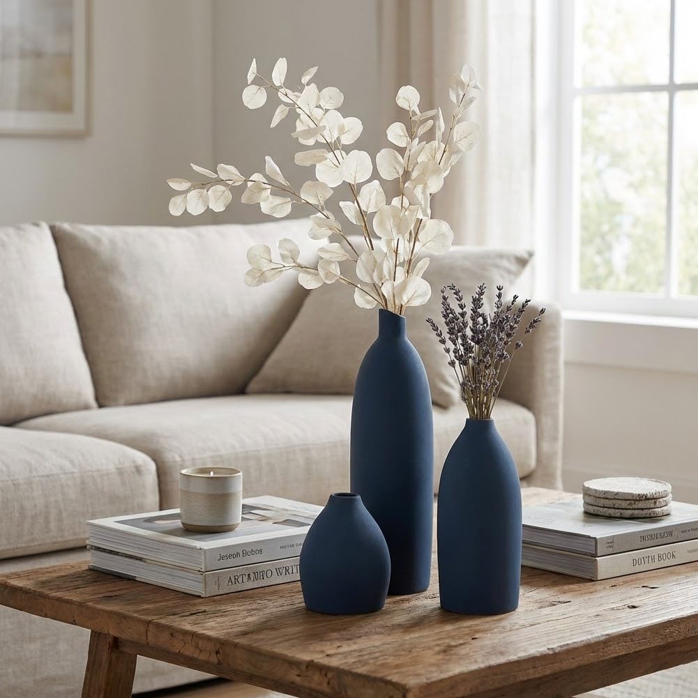 Blue Vase Set of 3, Navy Blue vase Trio Ceramic Bud Vases, Watertight Blue Ceramic vase Set with Non Slip Pads, Small Medium Tall Vases for Shelf Decor, Centerpieces