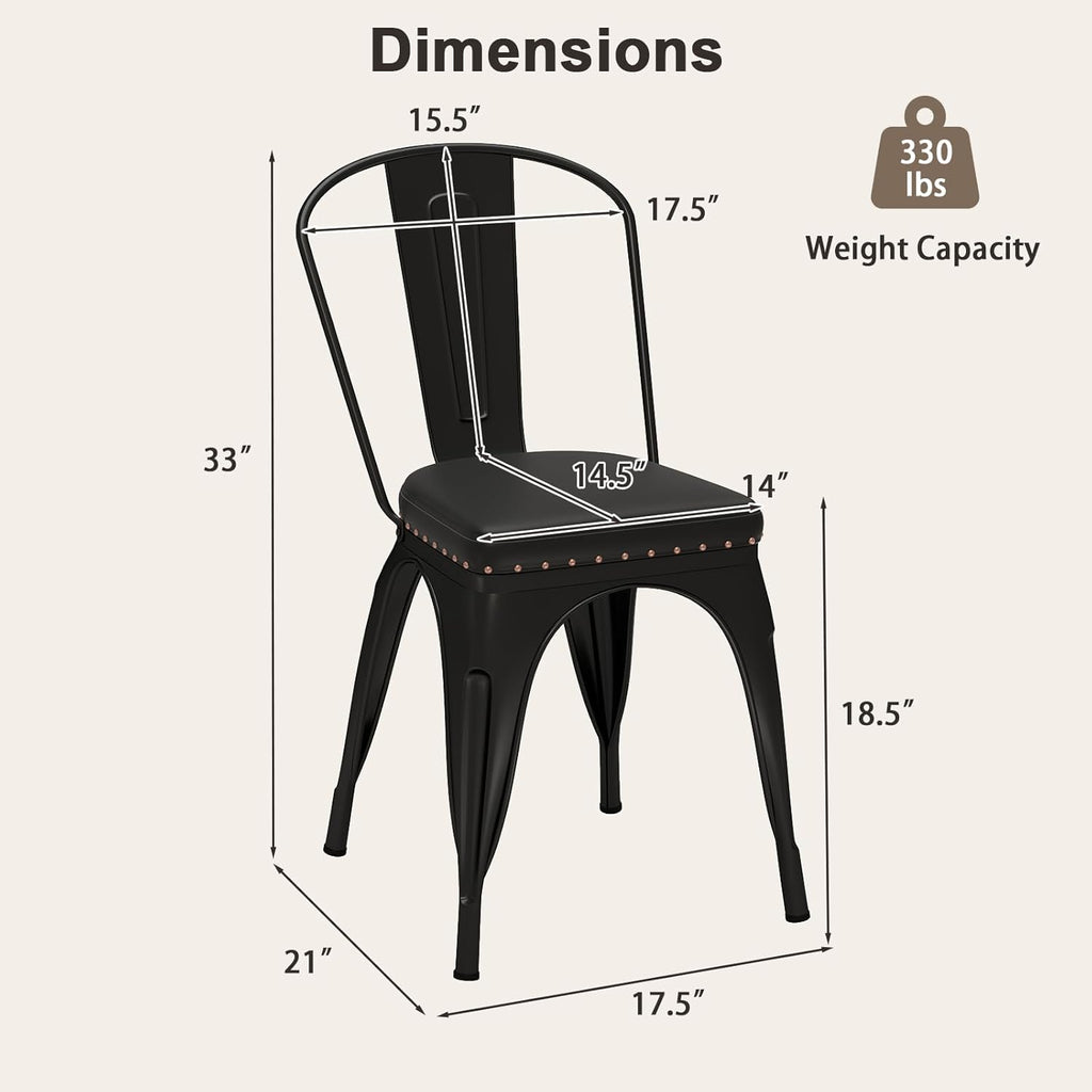 Giantex Metal Dining Chairs Set of 4, Stackable Armless Kitchen Side Chair with Detachable Backrest & PU Leather Padded Seat, Modern Dinette Chairs for Dining Room, Cafe, Restaurant, Bar (Black)