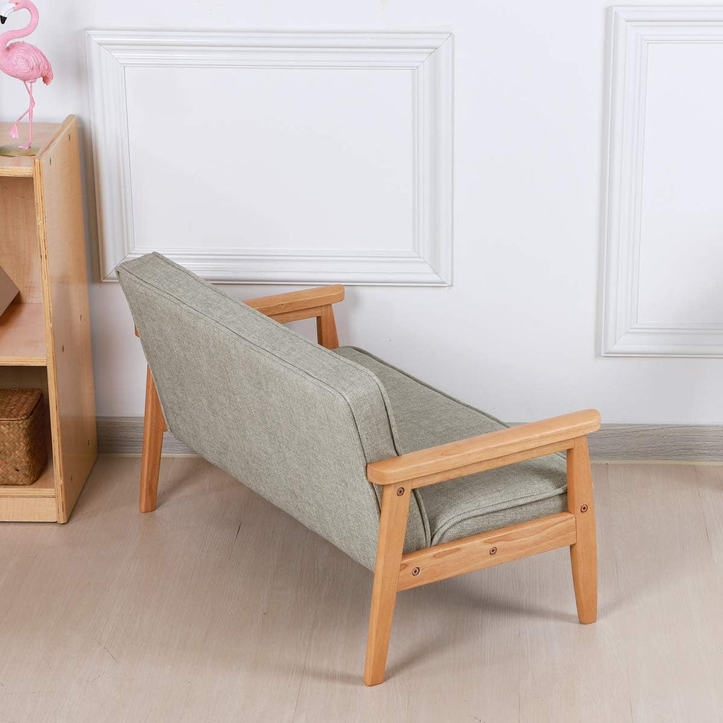 Double Seater Kid Sofa Chair, Kid Couch with Solid Wood Arm and Linen Pattern PVC for Kids Rest (Light Grey)