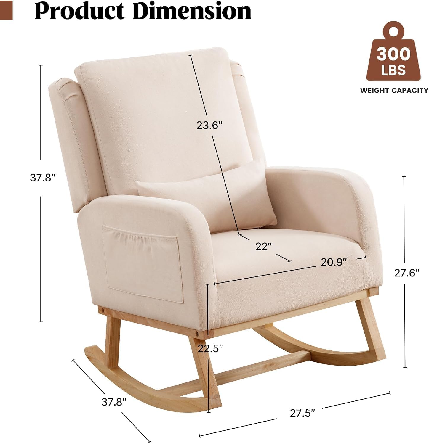 Rocking Chair Nursery, Nursing Rocking Chairs Upholstered, Glider Rocker with Lumbar Pillow and Side Pockets, Modern Rocker Chair for Bedroom, Living Room, Beige