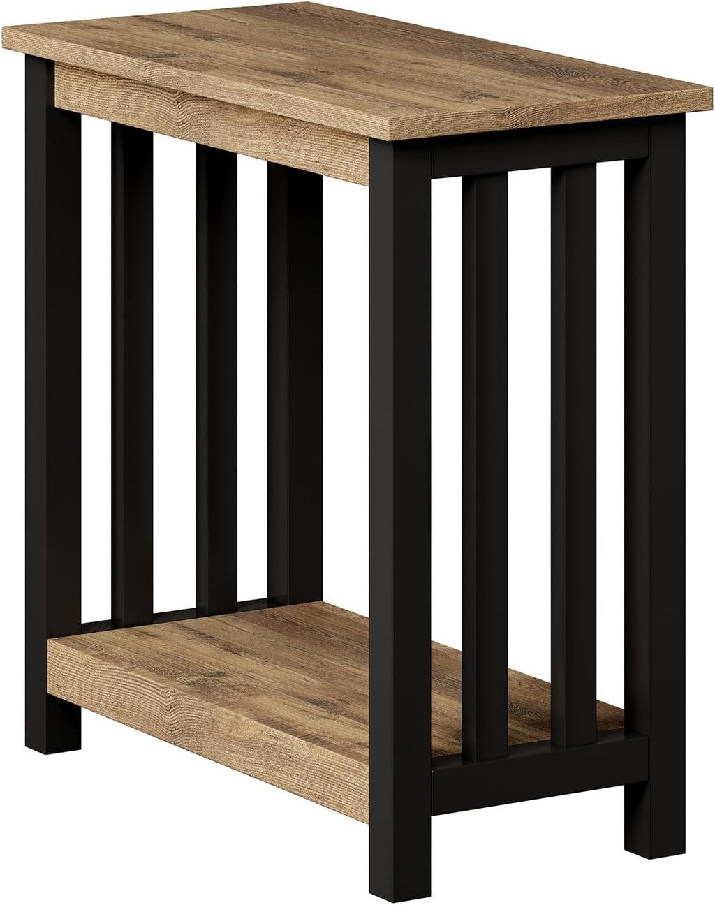 ChooChoo Mission End Table, Narrow Side Table for Small Spaces, Night Stand with Storage Shelf for Living Room and Bedroom, Rustic Oak & Black