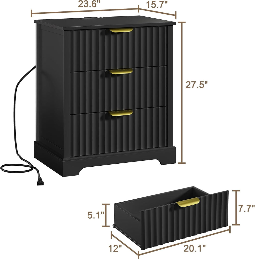 Fluted Nightstand Set of 2, 3 Drawers Modern | Metal Handles, Large Bedside Table, Bedroom, Charging Stations With USB-C Port, Black