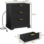 Fluted Nightstand Set of 2, 3 Drawers Modern | Metal Handles, Large Bedside Table, Bedroom, Charging Stations With USB-C Port, Black