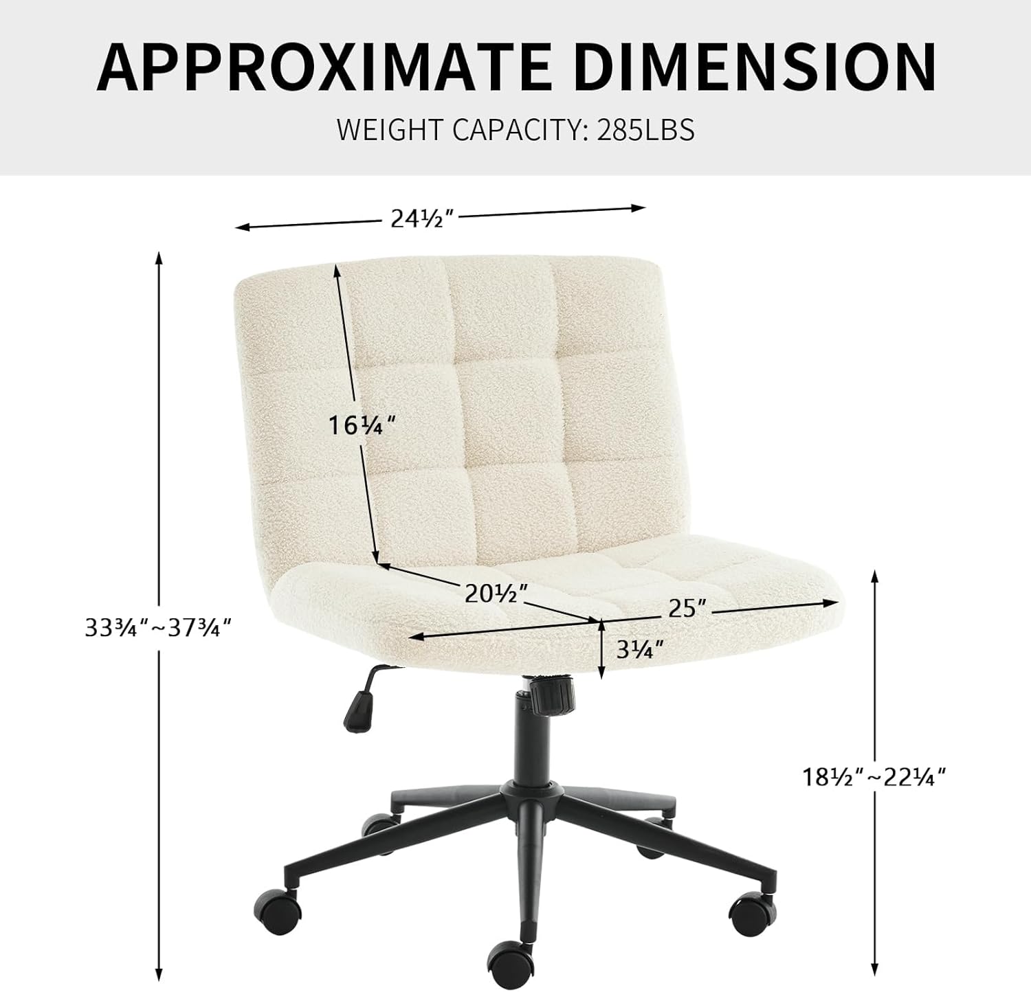 Furnimart Swivel Criss Cross Legged Chair with Wheels for Home Office, Wide Armless Desk Chair Height Adjustable Comfy Seat for Desk,Vanity, Bedroom, Faux Fur White