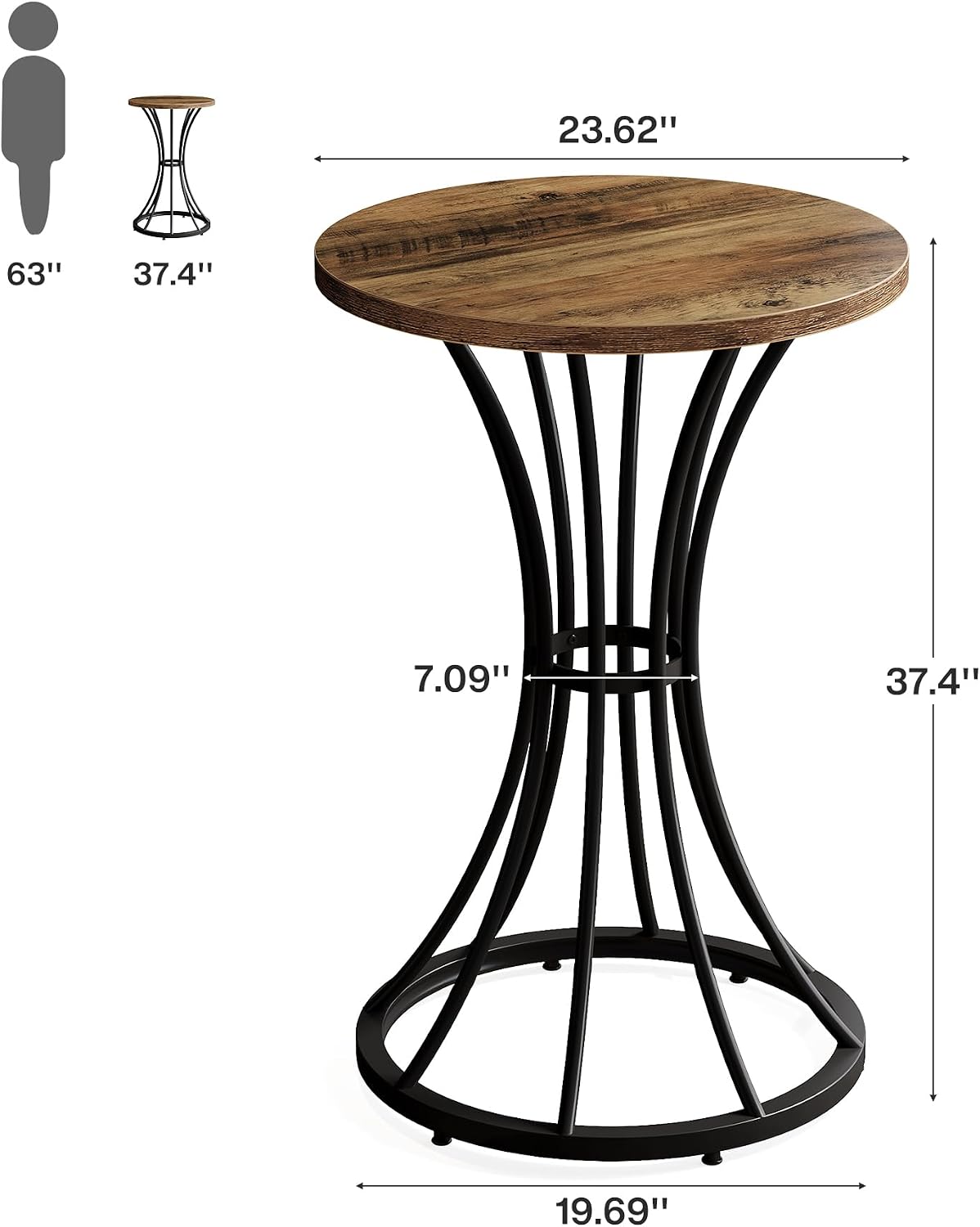 Tribesigns 37.4" H Bar Table, Round Bar Table with Curved Metal Base, Bar Height Table for Small Spaces, Living Room, Kitchen, or Apartments (Brown & Black) (1)
