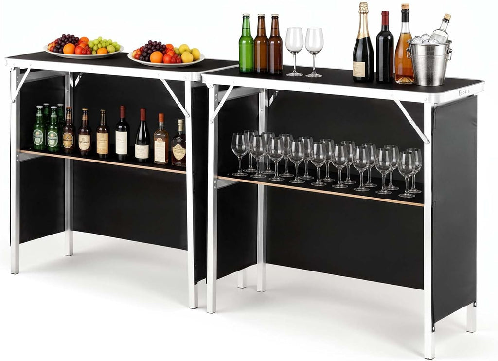 VEVOR Folding Portable Bar Table, 2 pcs, 38.6 x 15.2 x 34.3 in, with Carry Bag, Storage Shelf, Detachable Skirt, Quick and Easy Setup, Foldable Mobile Bartending Station for Events, Party, Tradeshow