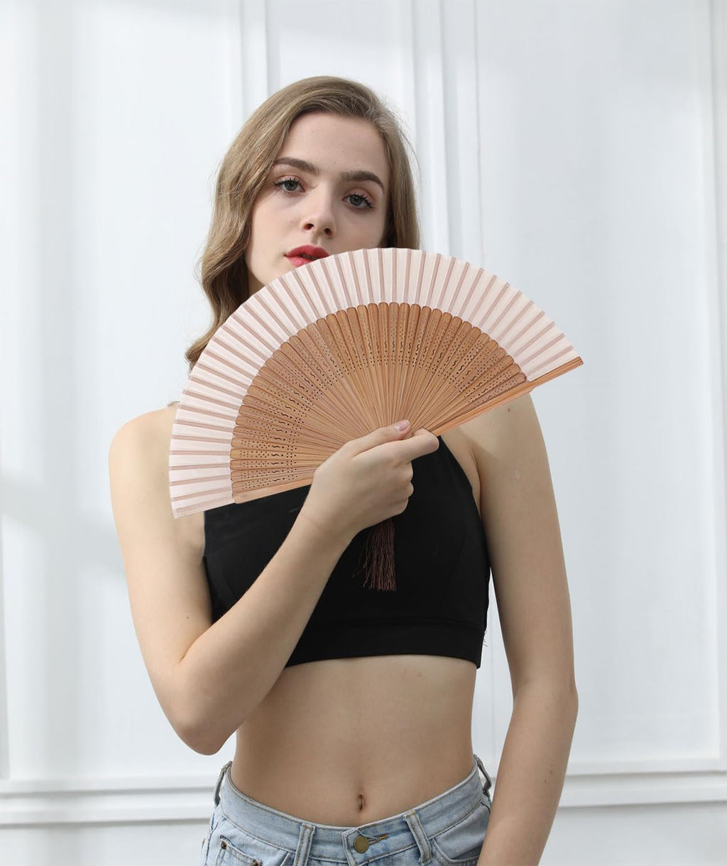 8.27"(21cm) Hand Held Bamboo Silk Folding Fan Foldable Hand Fan,Chinese/Japanese Charming Elegant Vintage Retro Style,Women Ladys Girls Best Gifts，Brown