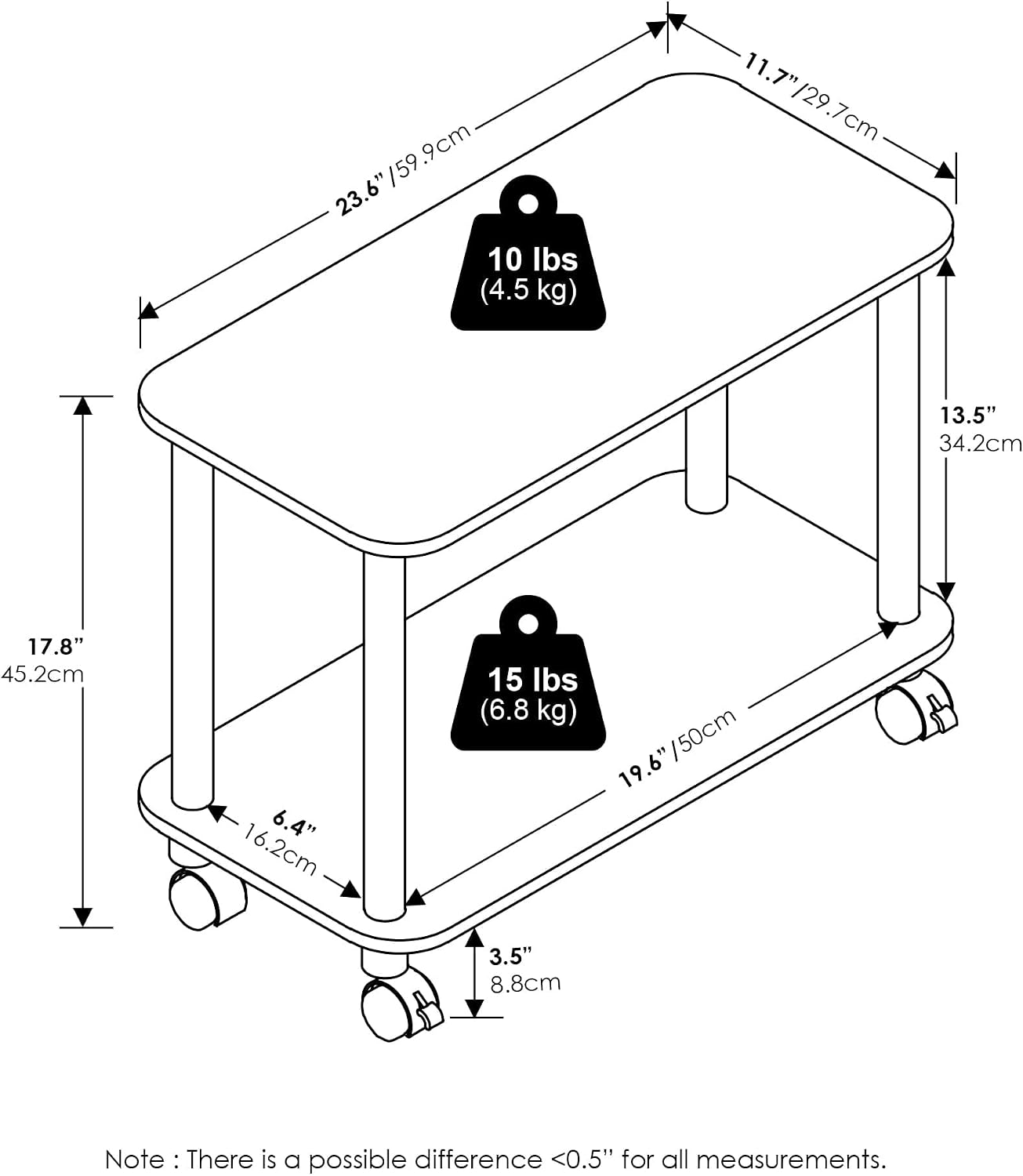 Modern End Table with Wheels 2 Tier Rectangular Side Table with Lockable Casters White Rolling Nightstand for Living Room Bedroom Small Spaces