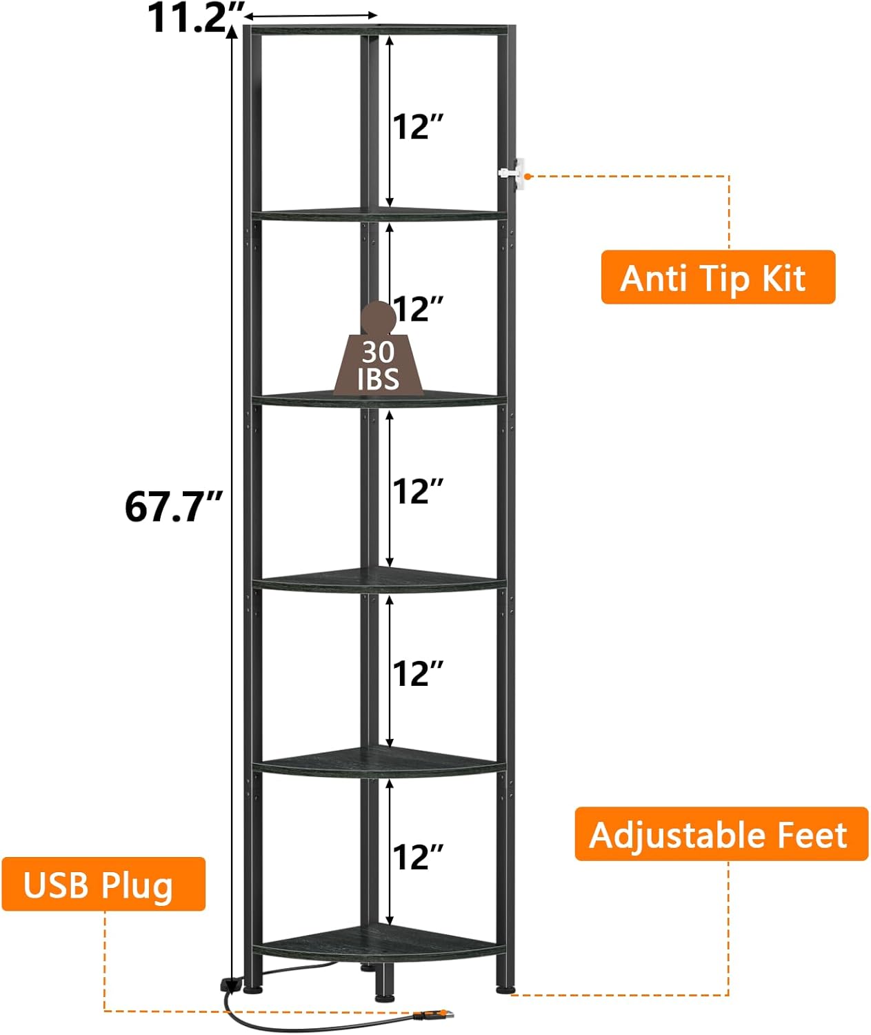 Furnulem 6 Tier Corner Shelf with LED Light, 67.5” Tall Standing Shelf Organizer, Black Narrow Bookshelf with Storage Rack for Wall Corner, Living Room, Bedroom, Metal Frame, Wood Display Shelf