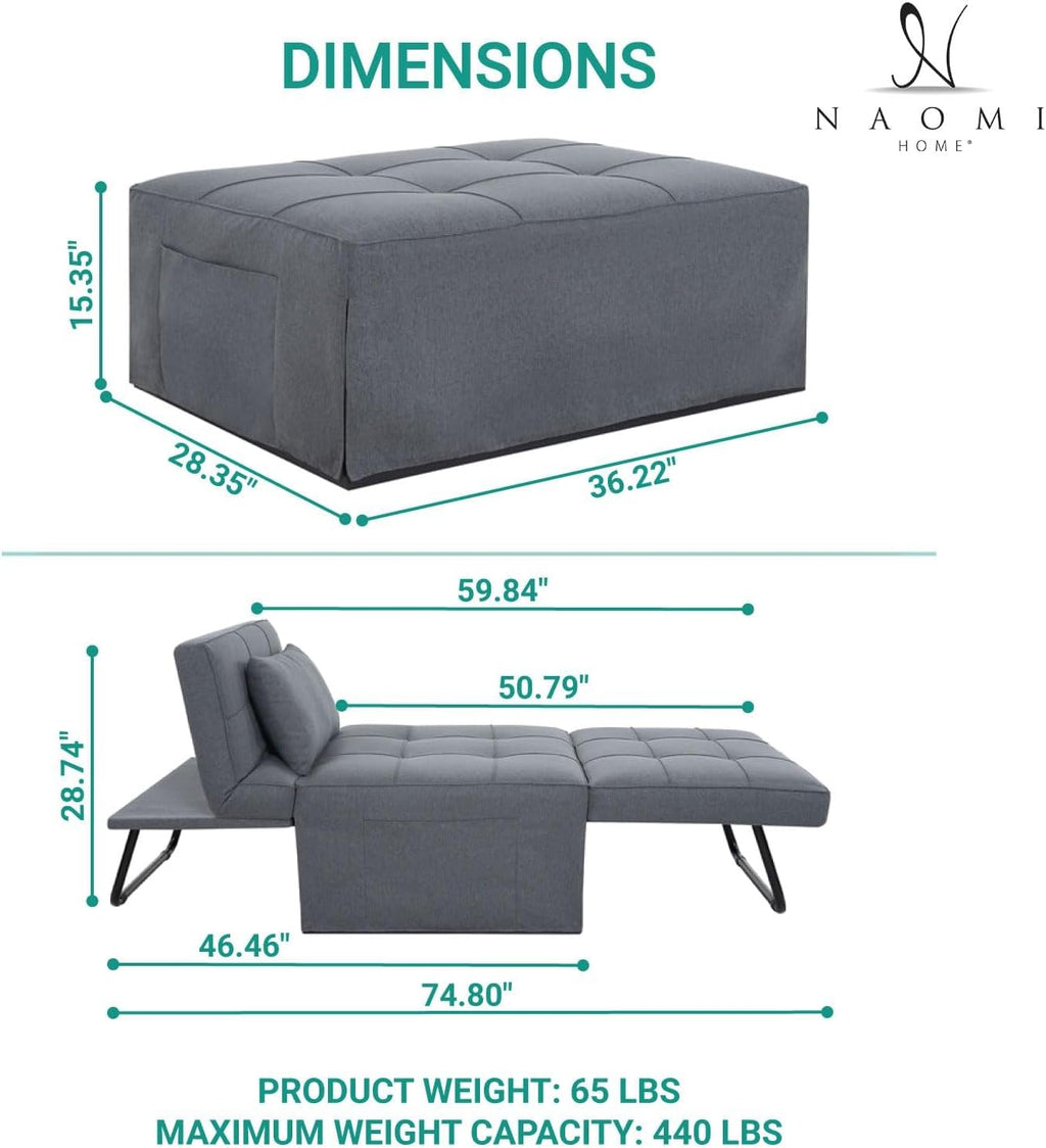 Naomi Home 4-in-1 Folding Chair Bed, Space-Saving Convertible Sleeper Sofa for Apartments & Guest Rooms, Adjustable Backrest, Linen Fabric, Includes Support Pillow in Gray