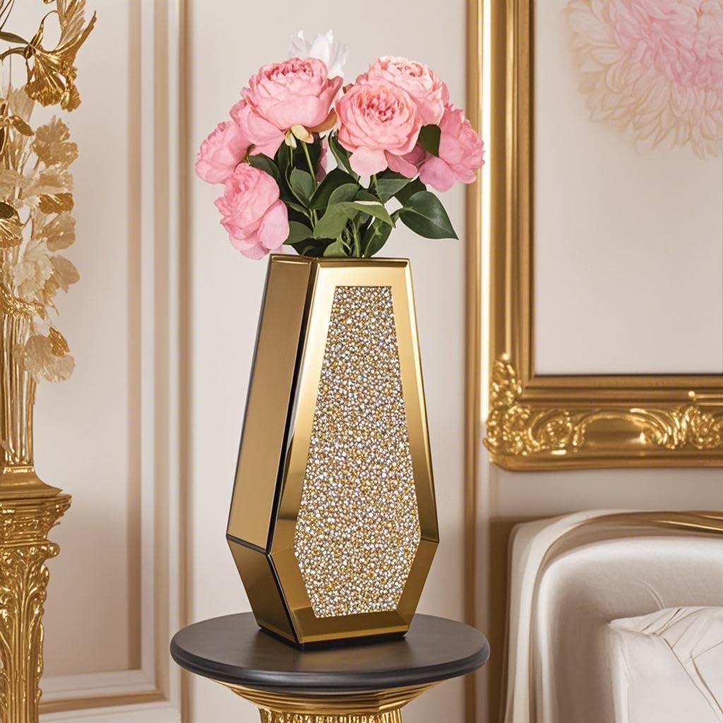 SHYFOY Gold Flower Vase Crushed Diamond Glass Vase Large Crystal Tall Vases for Centerpieces Luxurious Rhinestone Floor Vases Home Decor for Living Room Dining Room Coffee Table, Can’t Hold Water