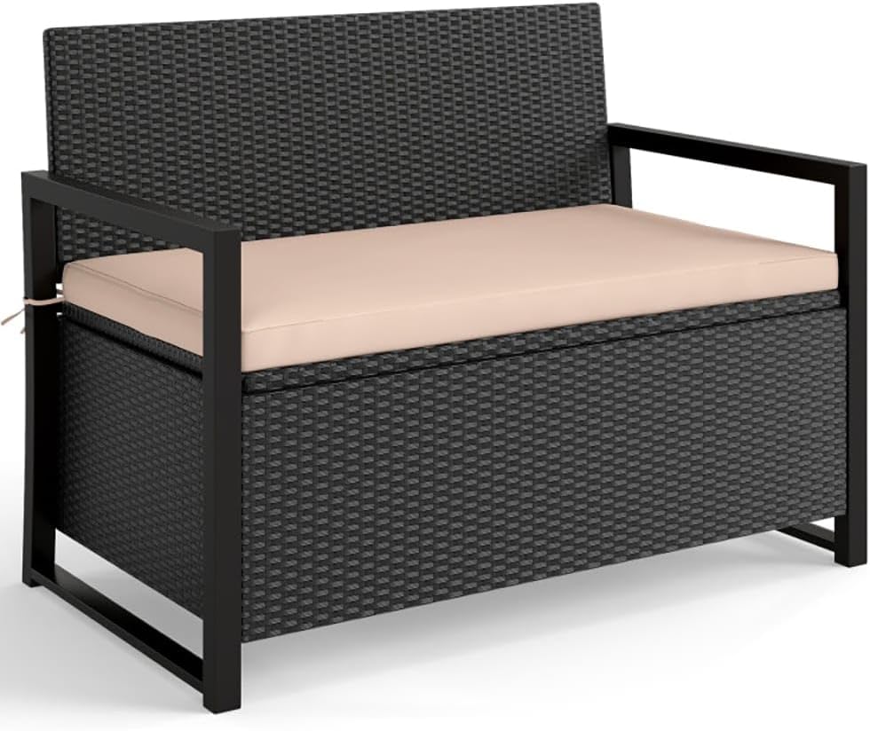 Gecheer Outdoor Storage Bench, Wicker Loveseat with 40 Gallon Storage Space, PE Rattan Patio Seat with Cushion for Backyard, Porch, Balcony