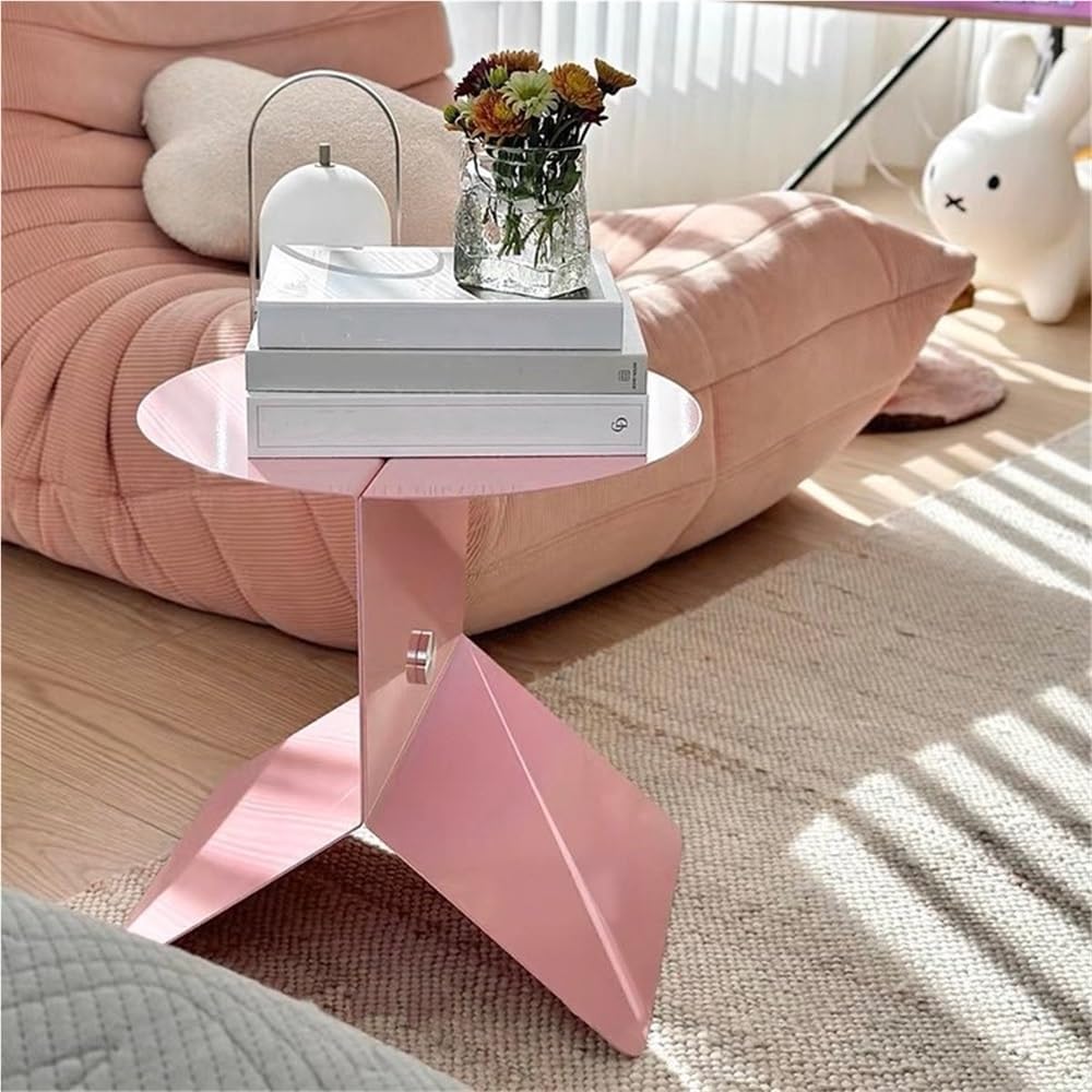 Modern Pink Side Table, Round Stylish End Table, Magazine Rack for Living Room, Multifunctional Accent Table for Bedroom, Metal Couch Table