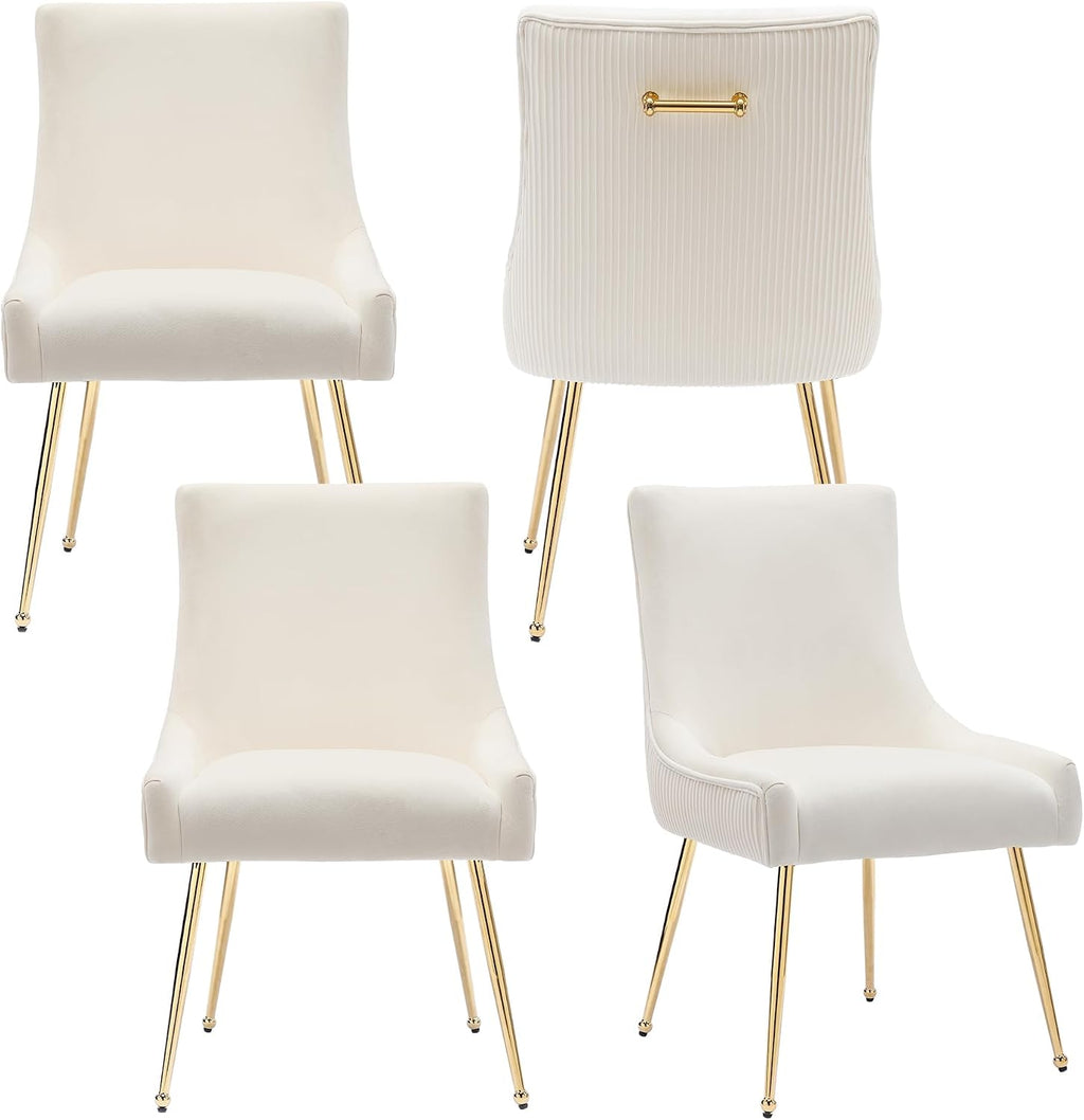 adochr Velvet Dining Chairs Set of 4, Modern Upholstered Kitchen Chair with Pull Handle & Pleated Back, Mid Century Accent Chair with Gold Metal Legs for Vanity,Dining,Kitchen,Living Room, Beige