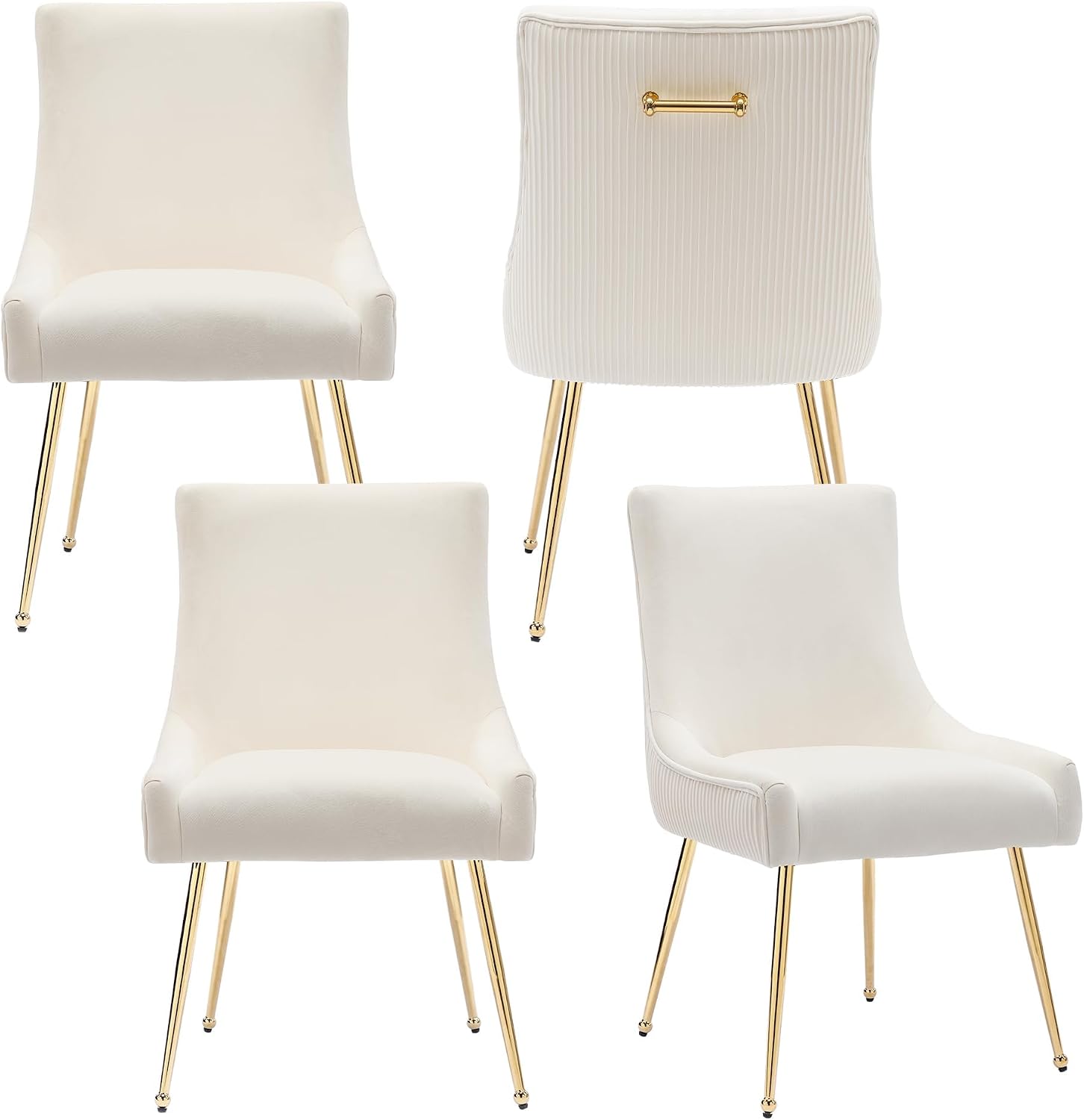 adochr Velvet Dining Chairs Set of 4, Modern Upholstered Kitchen Chair with Pull Handle & Pleated Back, Mid Century Accent Chair with Gold Metal Legs for Vanity,Dining,Kitchen,Living Room, Beige
