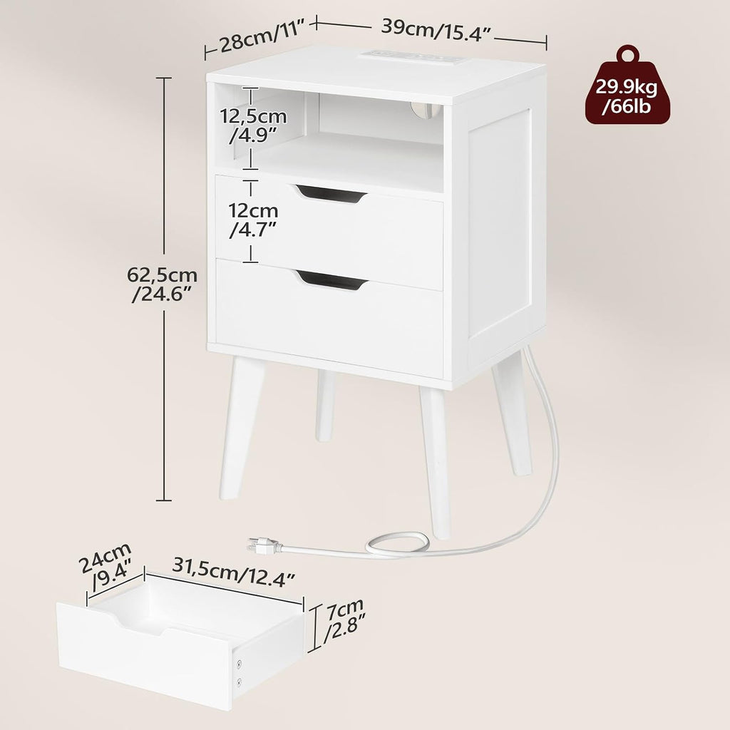 MAHANCRIS Nightstand with Charging Station and Modern Bedside Table Bundle, White End Table with Storage Drawers, Open Storage, Night Stand with Solid Wood Legs, for Bedroom, ETWT61E01N1-ETWT69E01