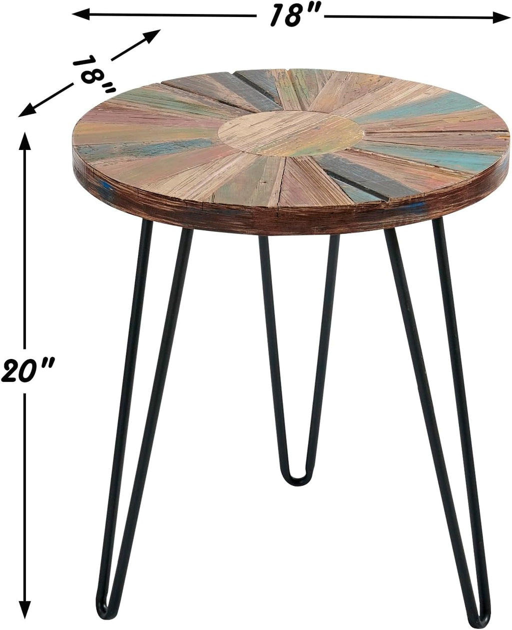 Greeange Solid Wood Round End Table 18" x 18" x 20" Farmhouse Sofa Side Table Multicolor Rustic Boho Accent Coffee Table Furniture for Living Room Bedroom Patio Sun Pattern