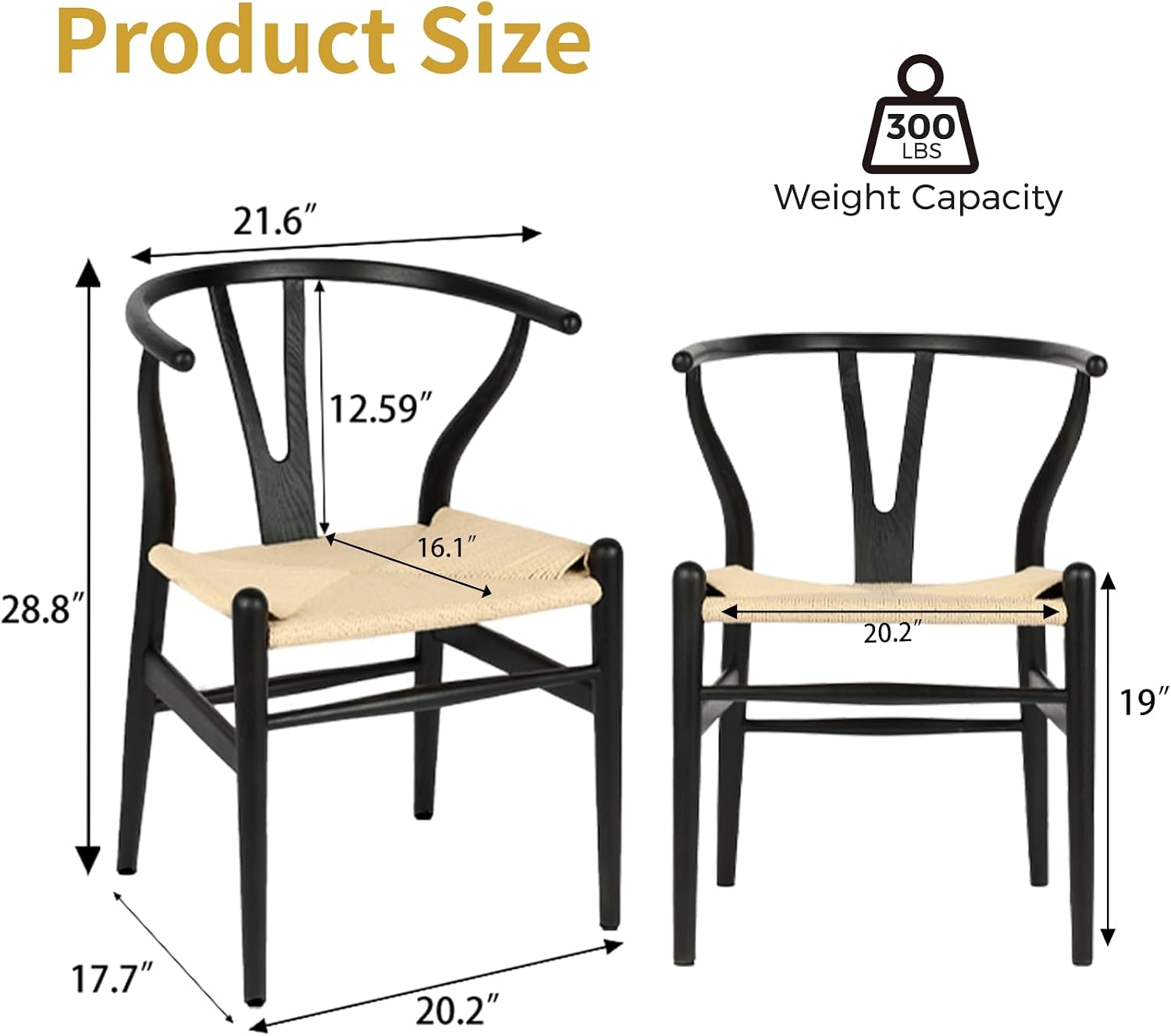 Wishbone Chair Natural Solid Wood Dining Chair/Hans Wegner Y Chair Rattan and Wood Accent Armrest Chairs - Ash Wood Chairs Set of 4 (Ash Wood - Black + Natural Color)