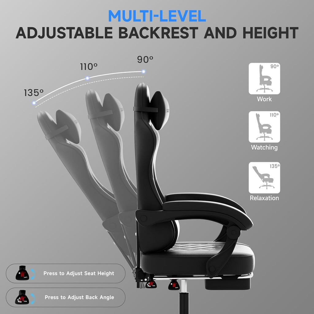 Gaming Chair with Footrest, Ergonomic Leather Computer Chair with Lumbar Support, Height Adjustable High Back Swivel Office Chair for Adults, Gamer Chair for Gaming, Working,Black