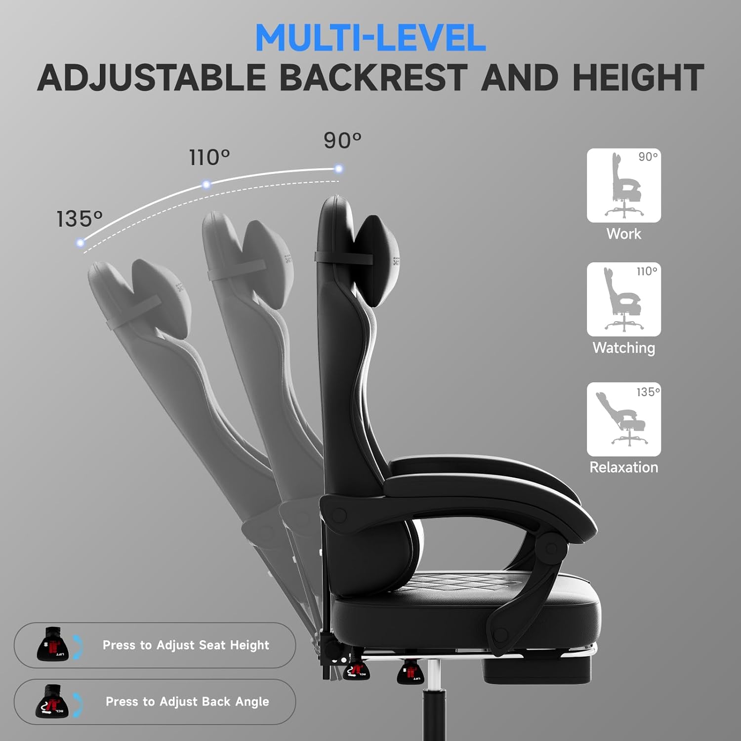 Gaming Chair with Footrest, Ergonomic Leather Computer Chair with Lumbar Support, Height Adjustable High Back Swivel Office Chair for Adults, Gamer Chair for Gaming, Working,Black