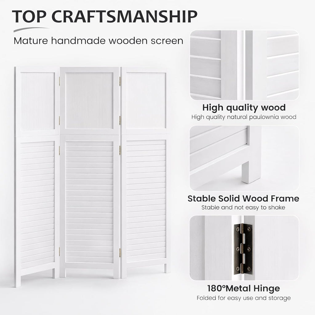 Short Room Divider 3 Panel, 51" H Modular Detachable Wall Partition, Louver & Solid Wood Privacy Screen for Clutter Concealing, Small Space Division for Home Office, White