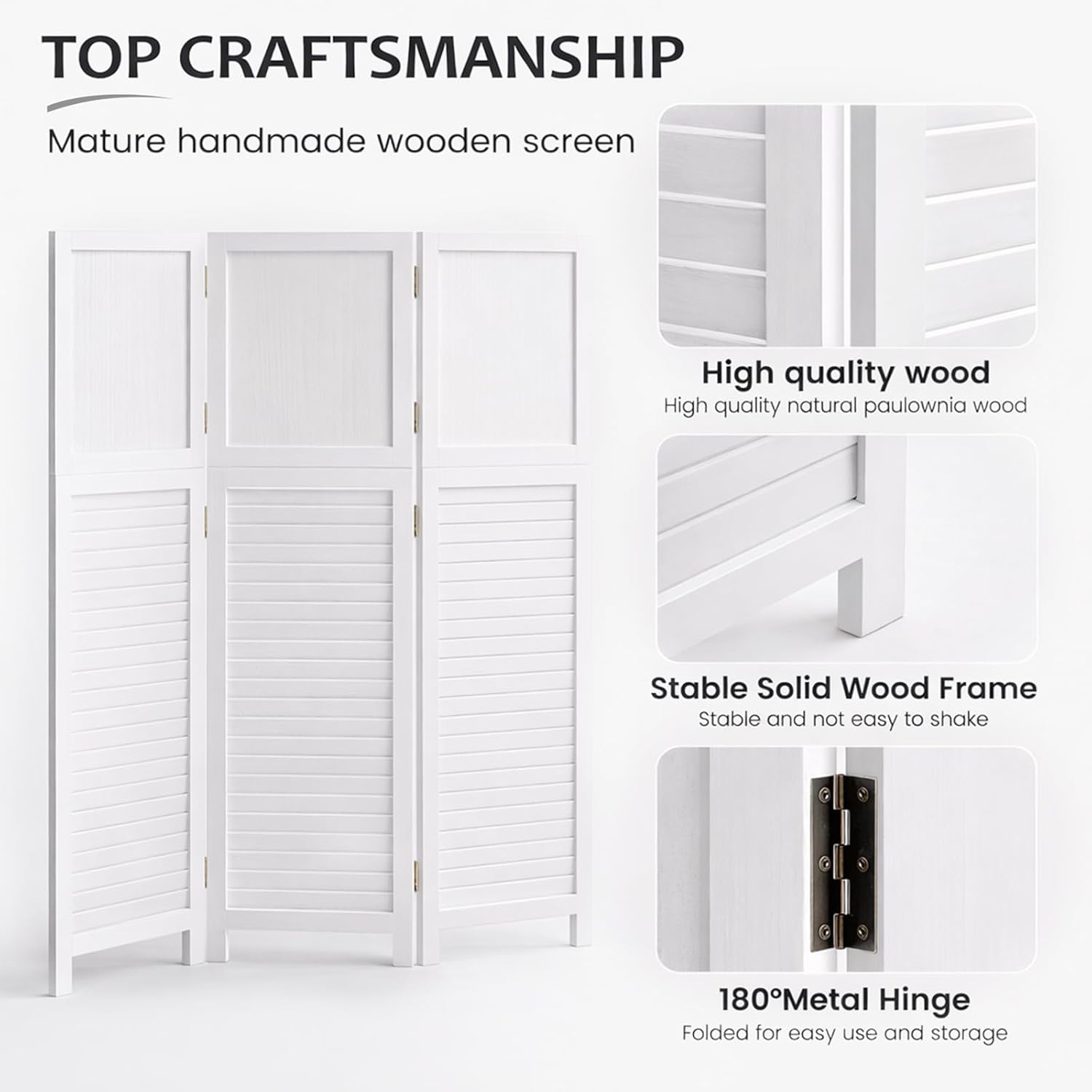 Short Room Divider 3 Panel, 51" H Modular Detachable Wall Partition, Louver & Solid Wood Privacy Screen for Clutter Concealing, Small Space Division for Home Office, White