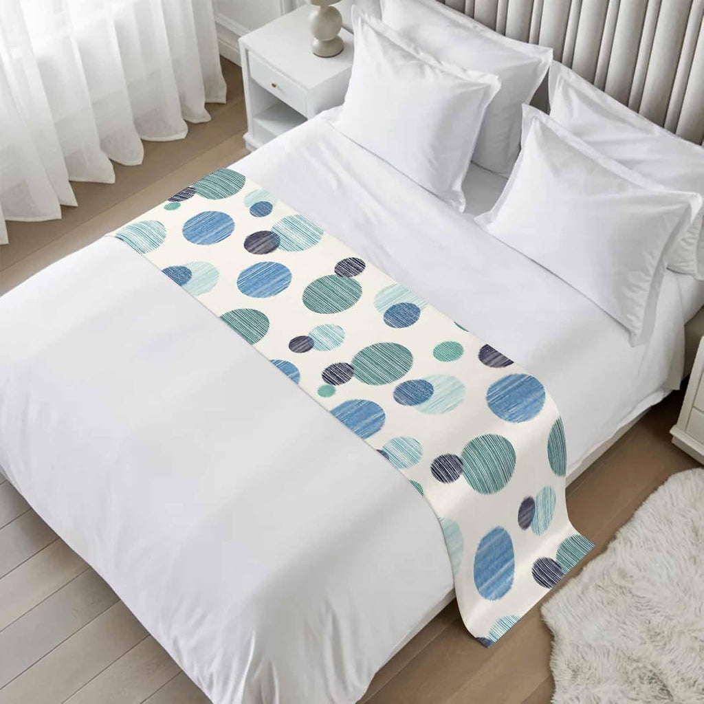 Abstract Geometric Bed Runner Bedding Decorative Scarf for Fits Cal King Bed, Farmhouse Vintage Polka Dot Teal Blue Luxury Fine Print Foot Throw with Satin for Hotels Homes, Guest Rooms, 102" x 20"