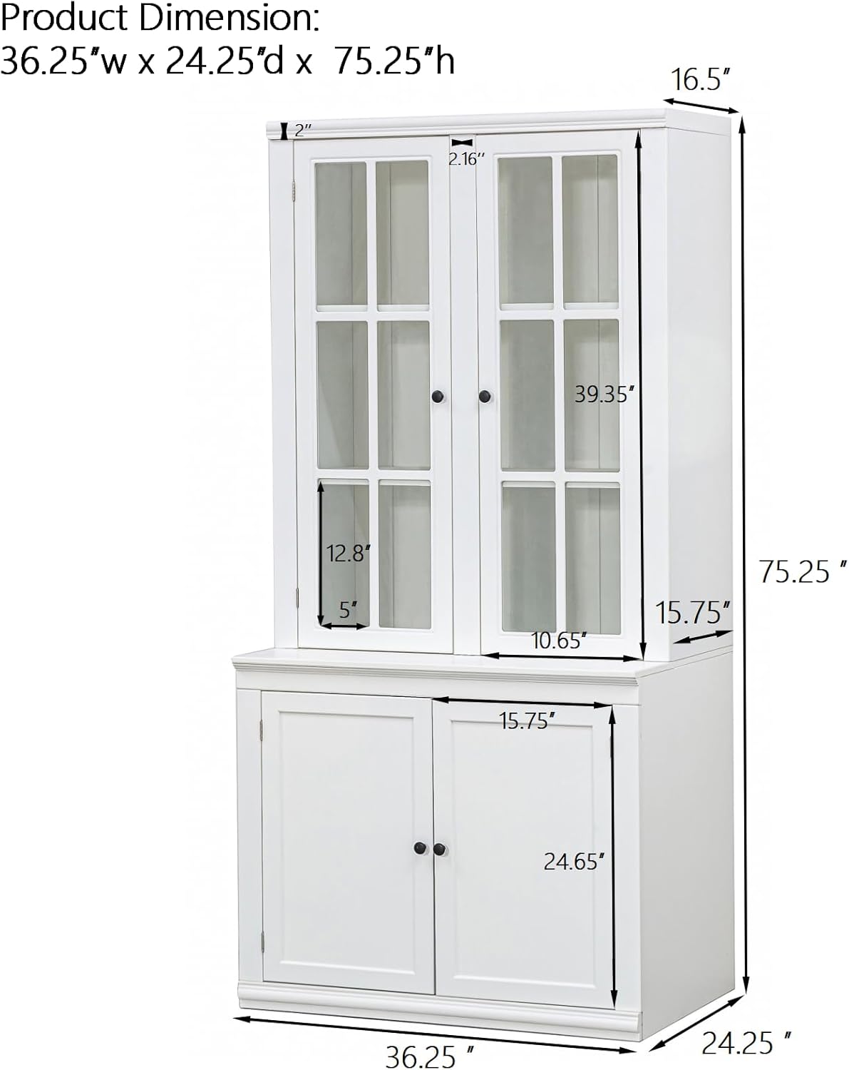 Virubi 75'' Tall China Hutch Cabinet with Glass Doors, Kitchen Pantry Storage with Adjustable Shelves, Coffee Bar Hutch for Kitchen Living Room Bar, White