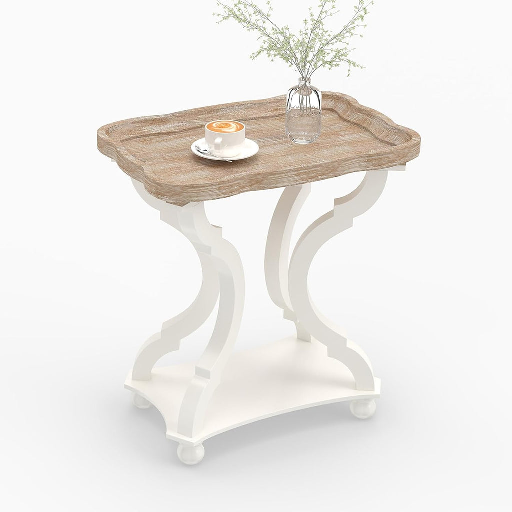 Farmhouse End Table, 24" H Rustic Side Table with Storage Shelf, French Country Distressed End Table for Living Room Bedroom, Cream White