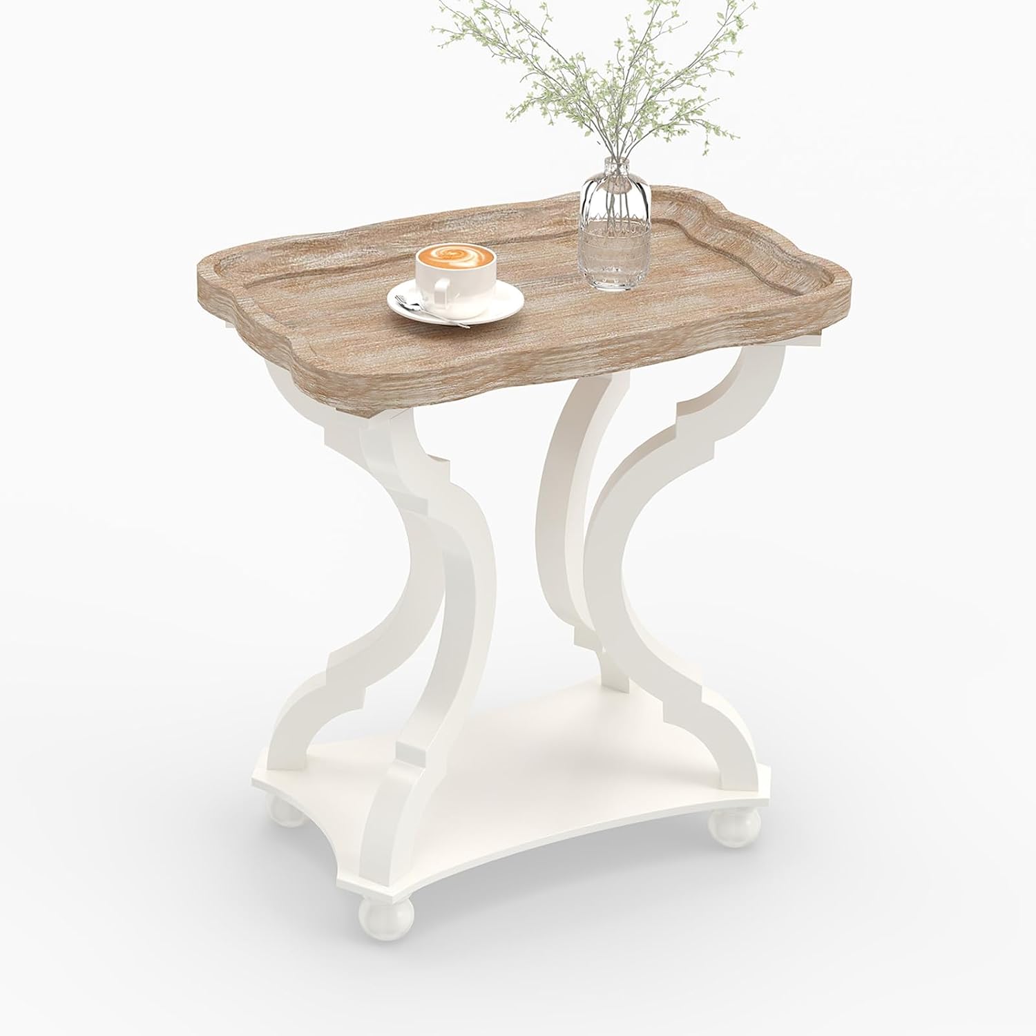 Farmhouse End Table, 24" H Rustic Side Table with Storage Shelf, French Country Distressed End Table for Living Room Bedroom, Cream White