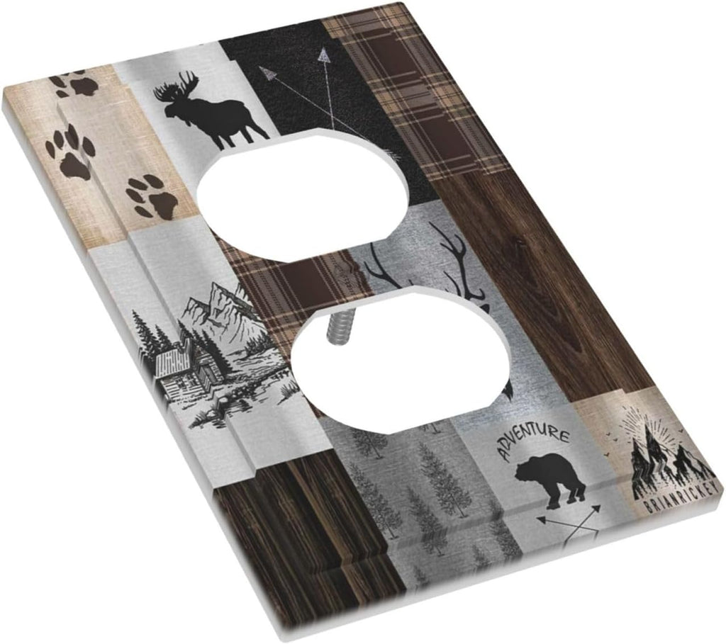 Rustic Retro Lodge Bear Deer Wild Animal Single Duplex Wall Plate Covers Light Switch Cover 1 Gang Outlet Plate Decorative Switchplate Covers Electrical Faceplate for Farmhouse Cabin Bedroom Deco