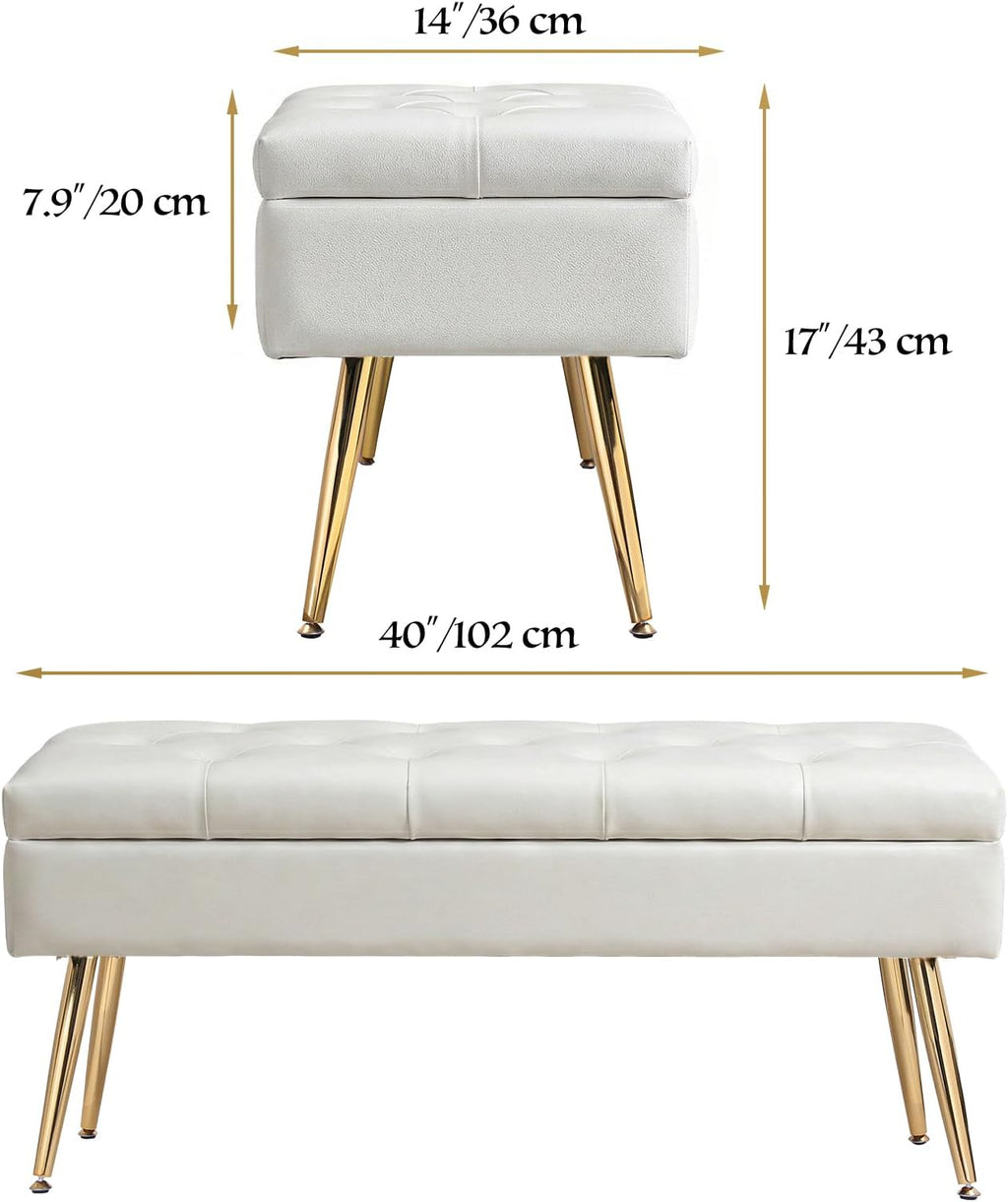 SNOWDROP 40" Upholstered Storage Bench – Ivory White End of Bed Bench with Gold Metal Legs, Button-Tufted Modern Faux Leather Ottoman Bench for Bedroom, Entryway & Living Room