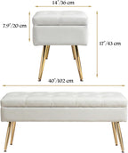 SNOWDROP 40" Upholstered Storage Bench – Ivory White End of Bed Bench with Gold Metal Legs, Button-Tufted Modern Faux Leather Ottoman Bench for Bedroom, Entryway & Living Room