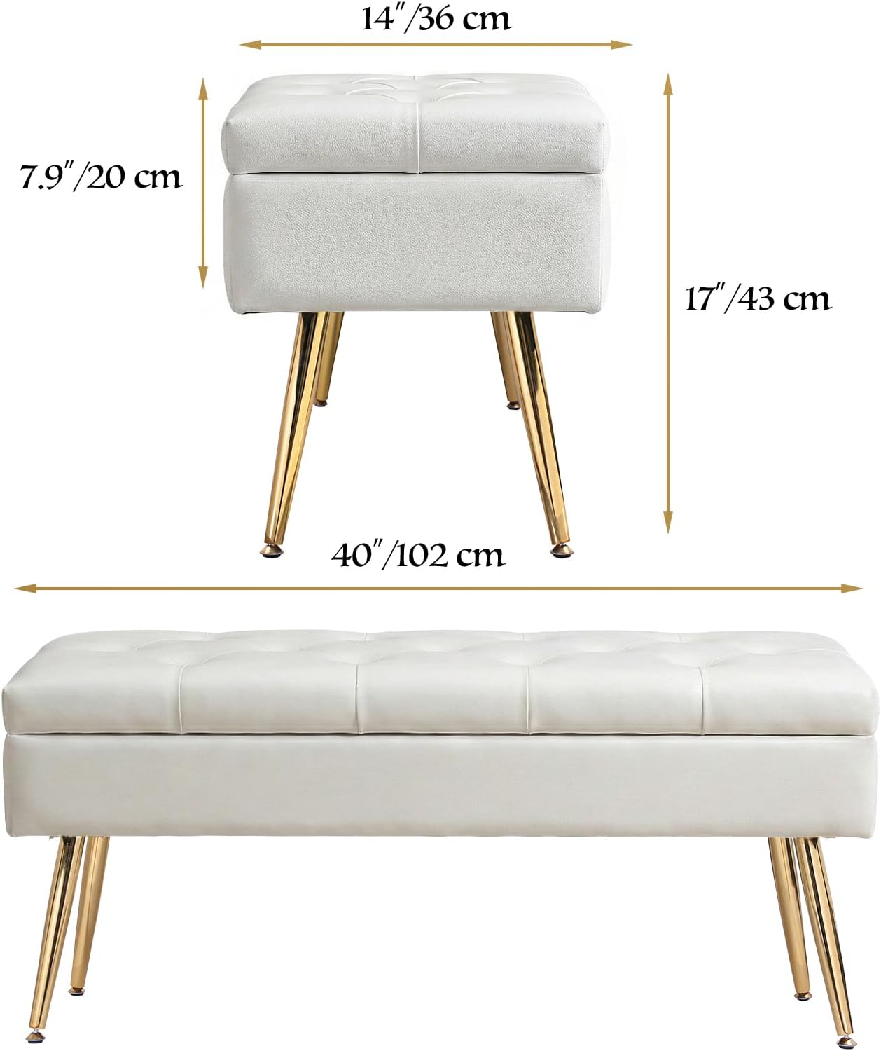 SNOWDROP 40" Upholstered Storage Bench – Ivory White End of Bed Bench with Gold Metal Legs, Button-Tufted Modern Faux Leather Ottoman Bench for Bedroom, Entryway & Living Room