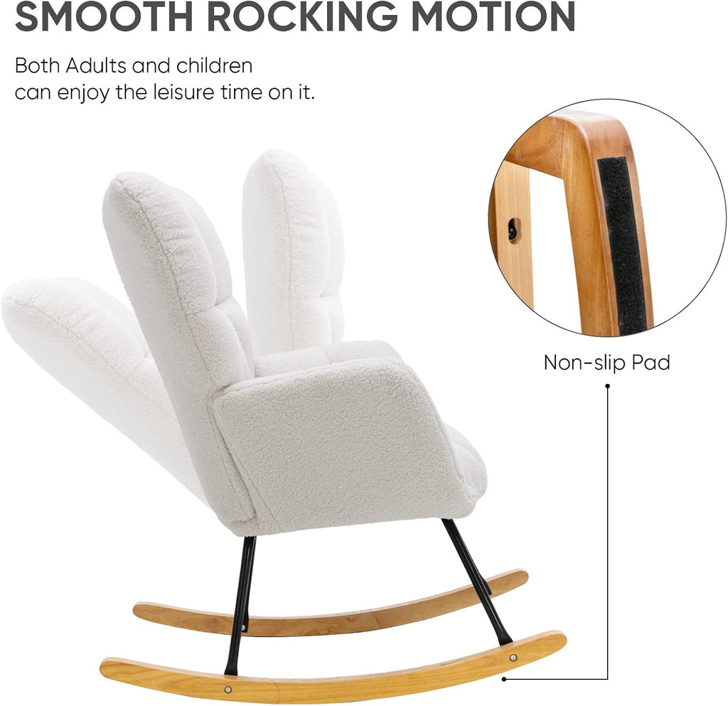 Nursery Rocking Chair, Teddy Velvet Upholstered Glider Rocker Rocking Accent Chair with High Backrest, Mid Century Modern Armchair Comfy Side Chair for Living Room Bedroom Offices