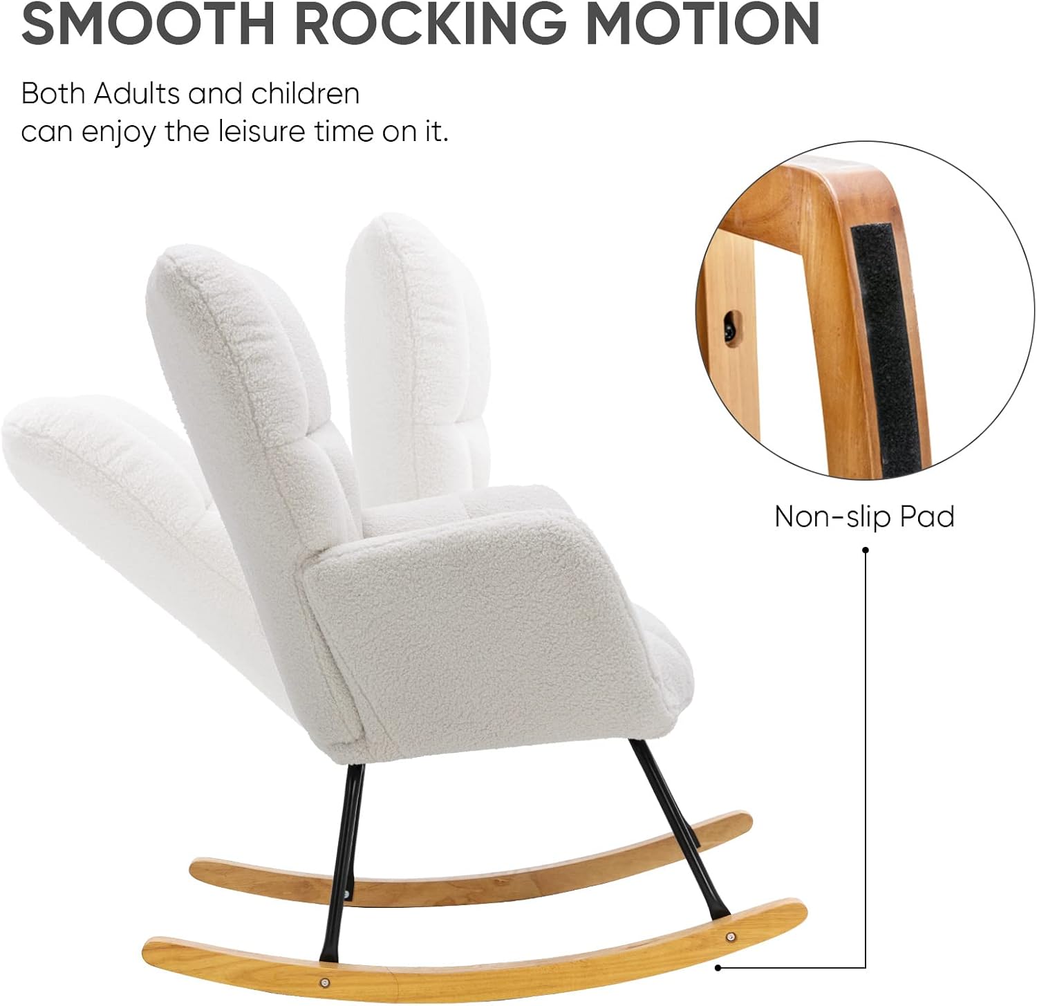 Nursery Rocking Chair, Teddy Velvet Upholstered Glider Rocker Rocking Accent Chair with High Backrest, Mid Century Modern Armchair Comfy Side Chair for Living Room Bedroom Offices