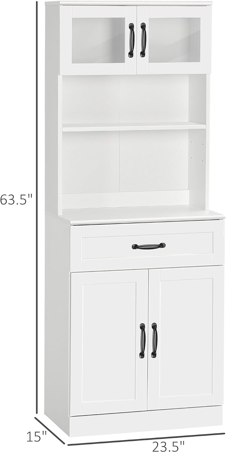 63.5in Timeless Classic 4-Door White Freestanding Buffet Cabinet with Hutch Adjustable Shelves & Coffee Bar Modern Design